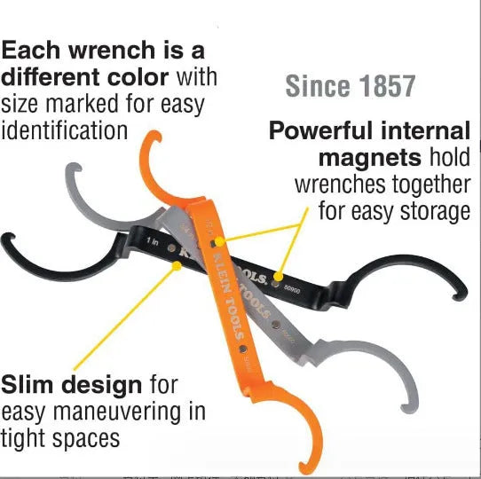 Orange, grey, and black crescent wrenches with magnetic suction lock in a three-piece tool kit.