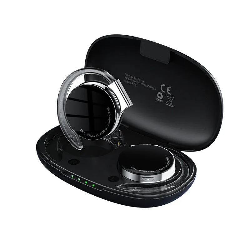 Black and white sports wireless Bluetooth earphones with ear plug design showing bilateral stereo configuration