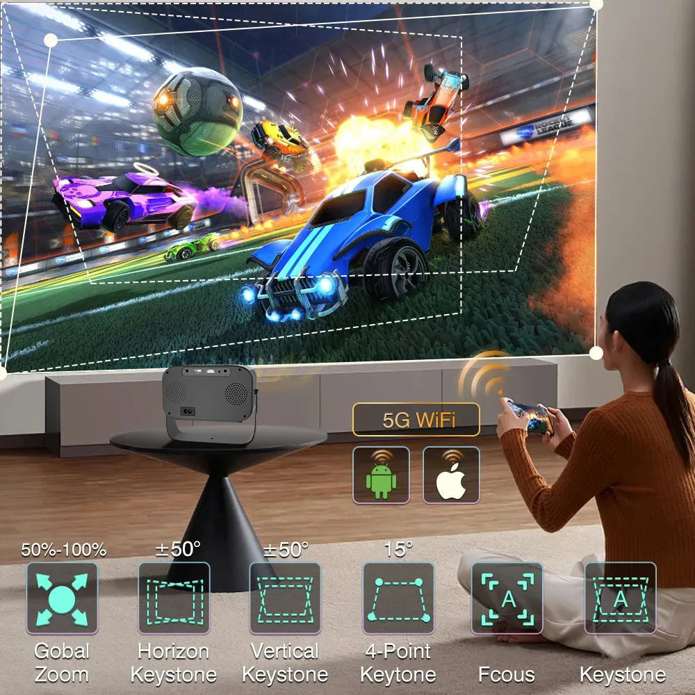Black smart portable projector with HD 1280×720 resolution and included remote control