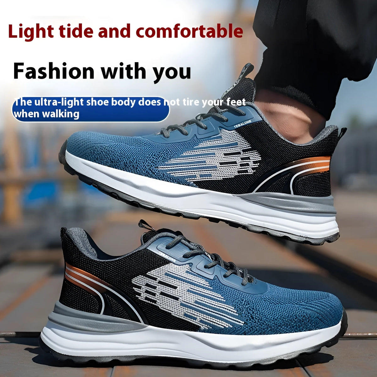 Blue men's safety work shoes with mesh upper and plastic toe cap on non-slip sole