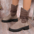 Women's chunky heel mid-tube snow boots with fleece lining and lace-up design