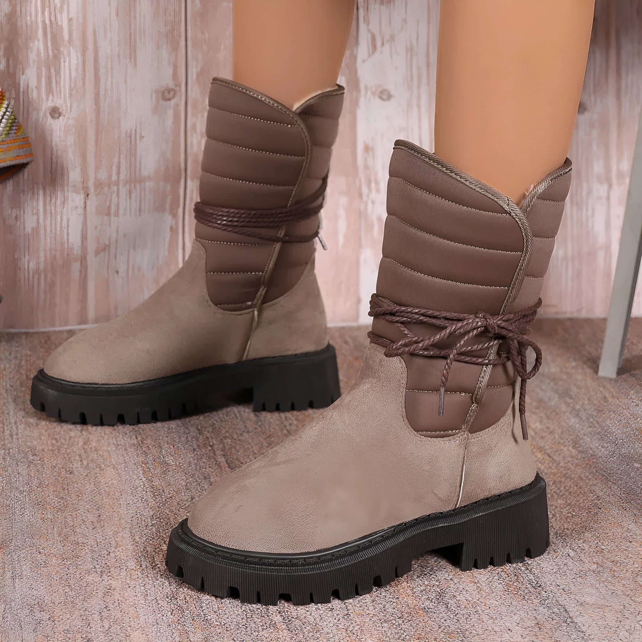 Women's chunky heel mid-tube snow boots with fleece lining and lace-up design