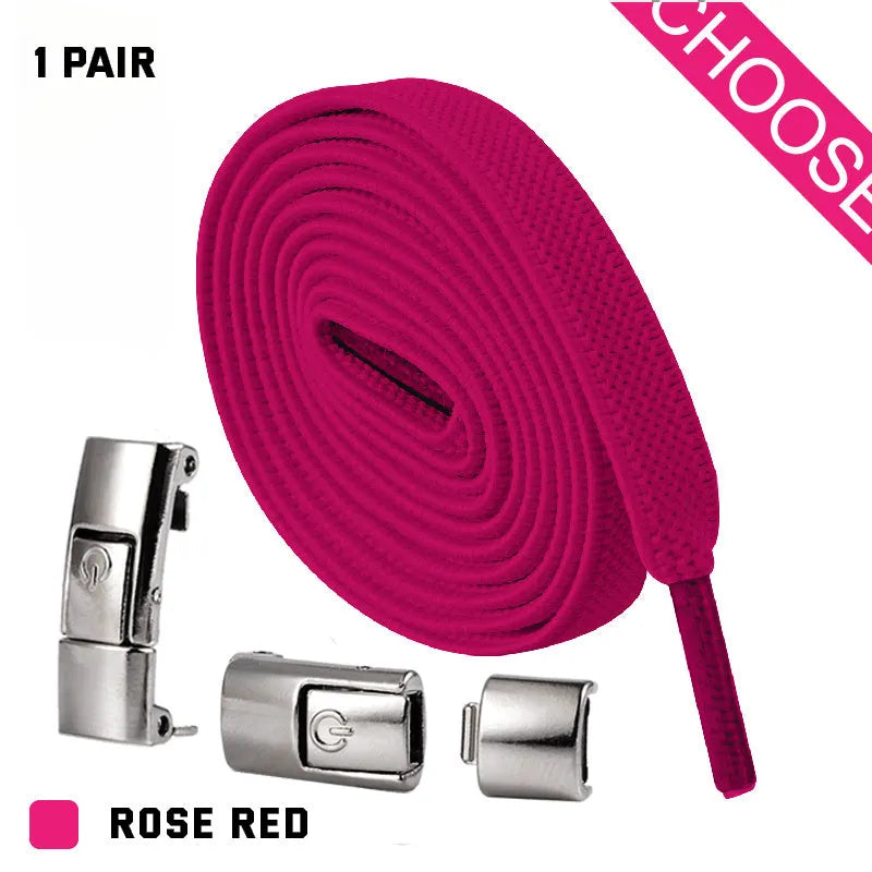 Press lock elastic shoelaces with 8mm widened flat design in multiple colours including black, white, blue, and fluorescent green