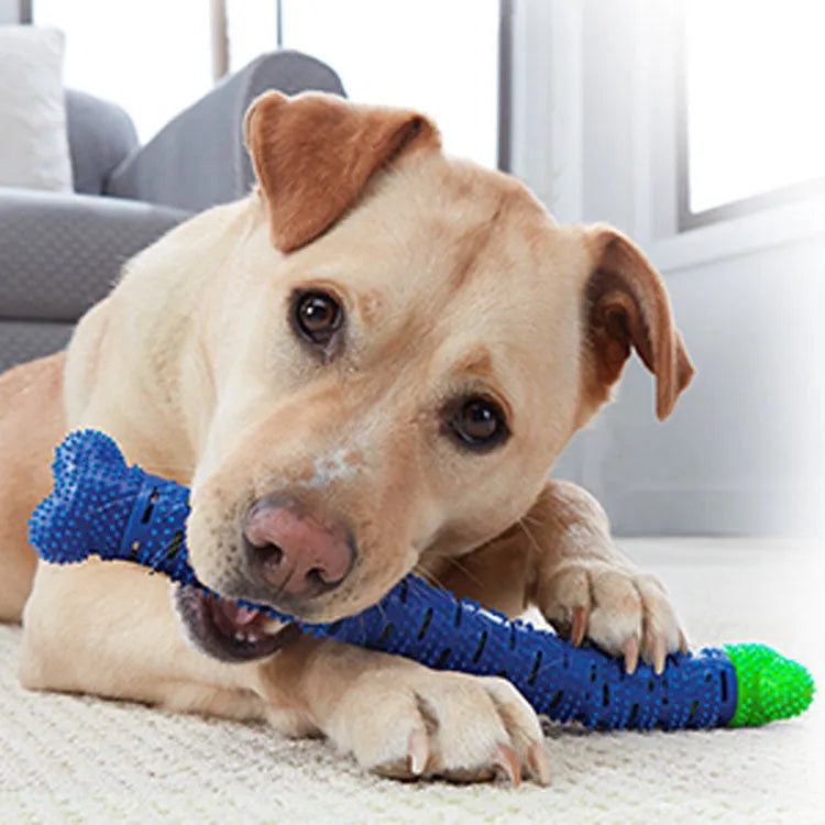 Blue green dog dental cleaning stick toy with serrated brush head and massage nodules