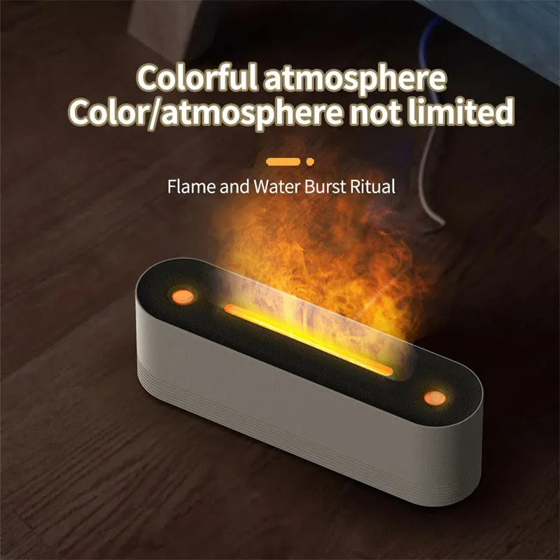 Black ultrasonic humidifier and aroma diffuser with LED flame lights emitting cool mist