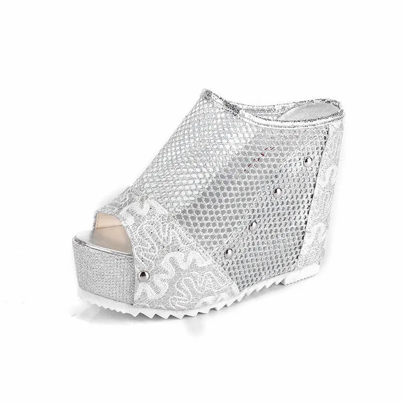 Korean style women's platform flip-flops with a hollowed-out chunky heel and mesh upper.