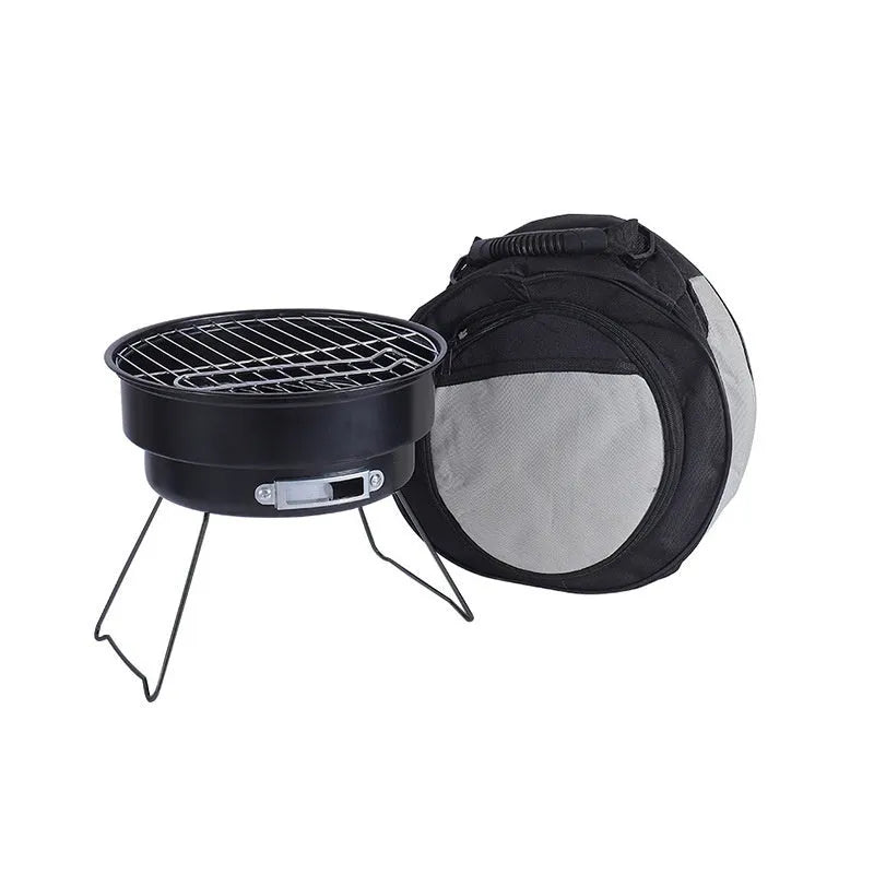 Small folding round ice stove with mesh grill and furnace legs for outdoor barbecue