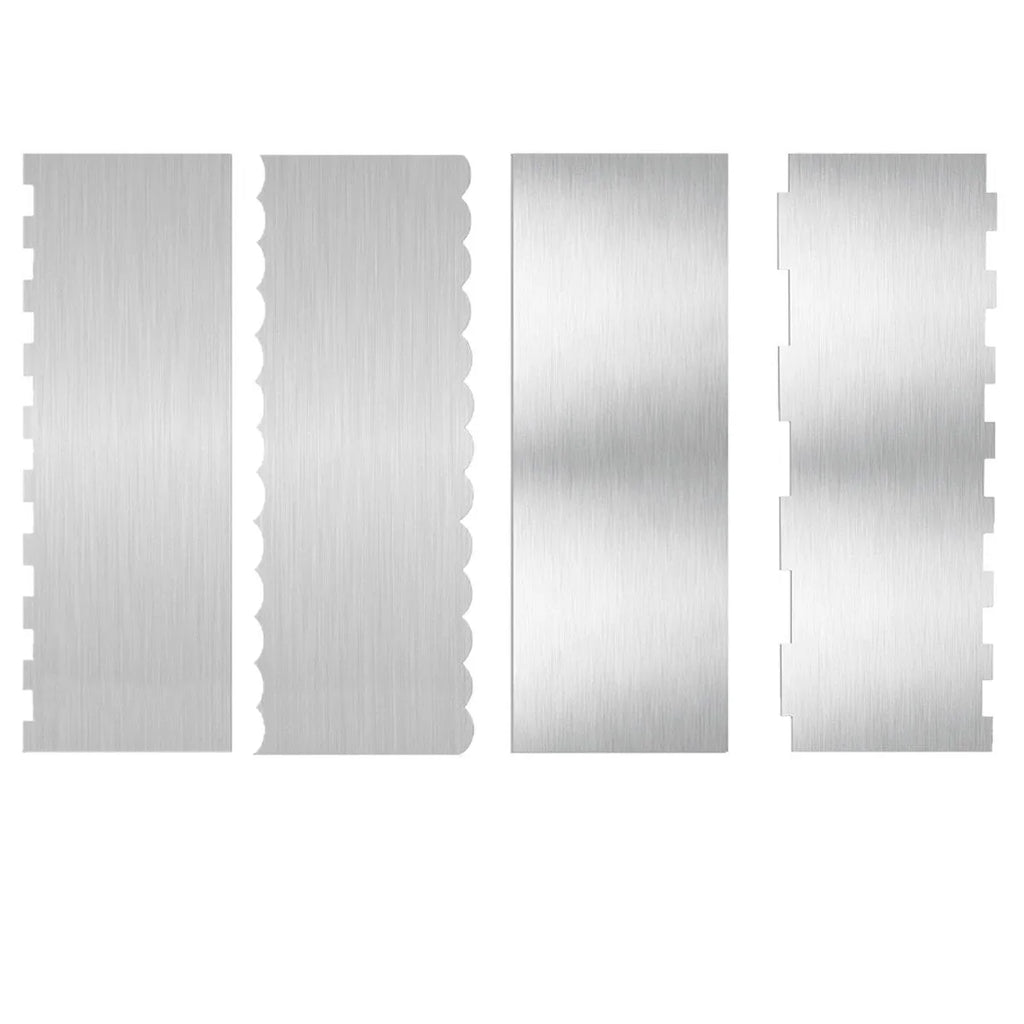 Stainless steel cream scraper showing six geometric edge patterns for cake decorating
