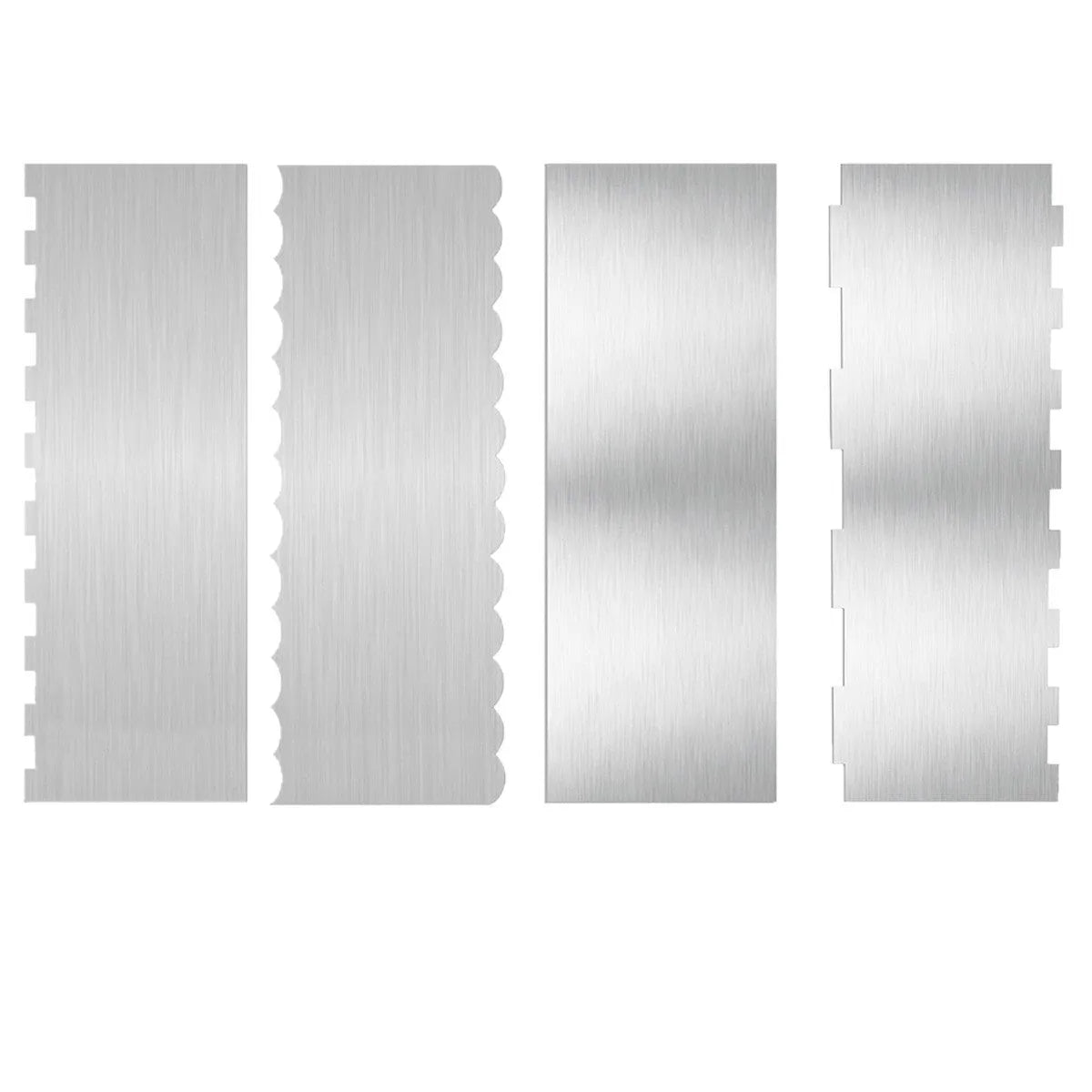 Stainless steel cream scraper showing six geometric edge patterns for cake decorating