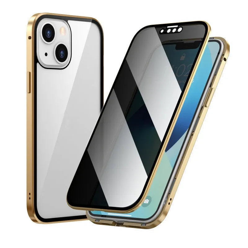 Black magneto phone case with double-sided metal frame for iPhone on a table