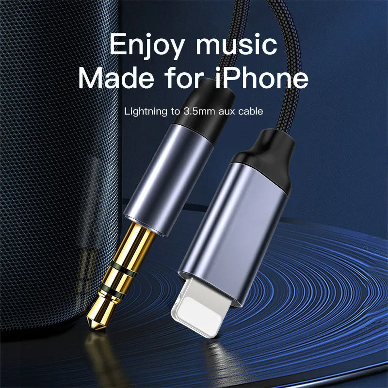 Silver and black nylon audio cable for headphones and car adapter, shown in different lengths.