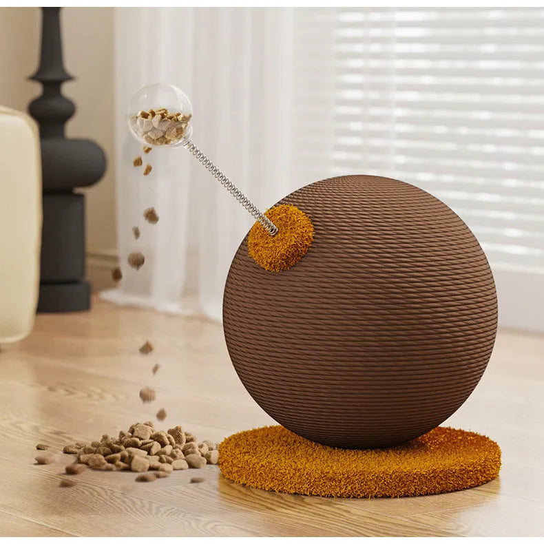 Jute rope cat scratching post with integrated catnip ball, available in large and small sizes.