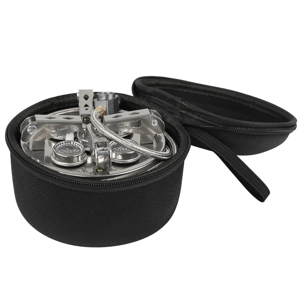 Silver portable split camping stove with stainless steel body and a long black hose, shown folded.