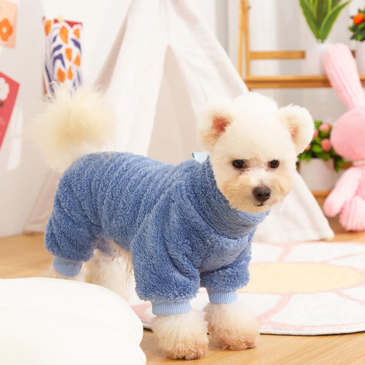 Four-legged dog clothes with double-sided plush fabric, high collar and towing ring in khaki colour