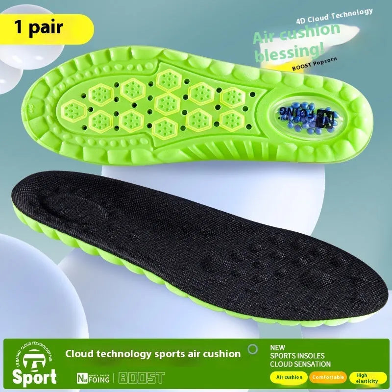 Green PU air cushion sports insoles with argy wormwood for sweat absorption, shown on a white background.