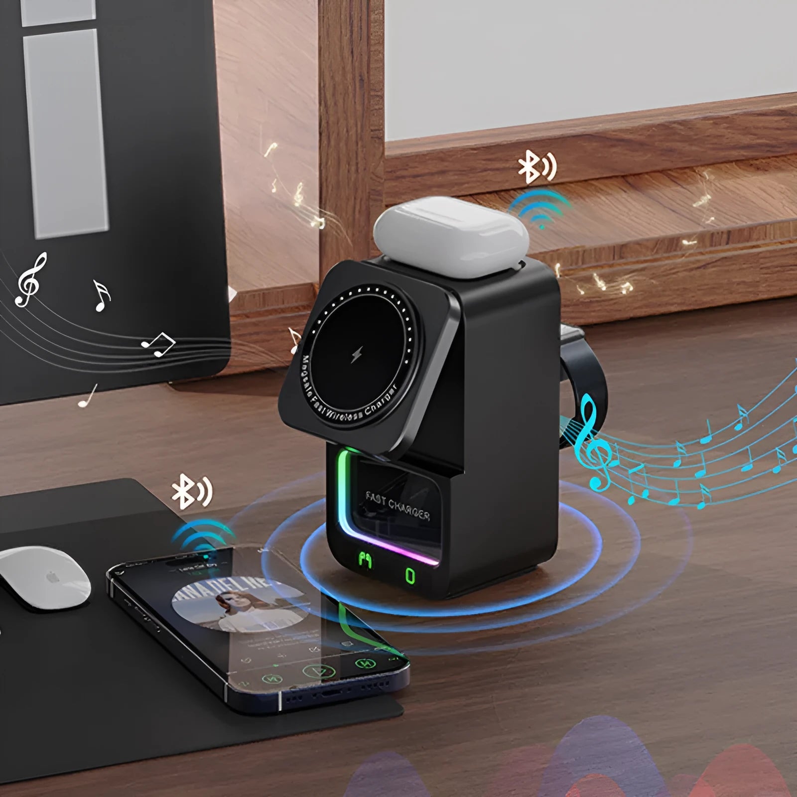 White and black 5-in-1 Bluetooth speaker wireless charger unit on a table