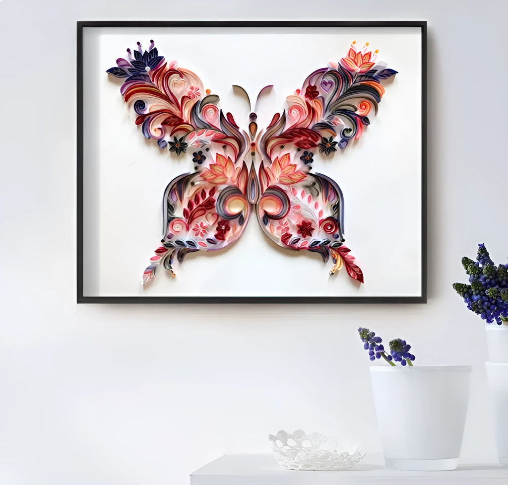 20-inch handmade butterfly quilling illustration craft pack with tools and blue/pink paper