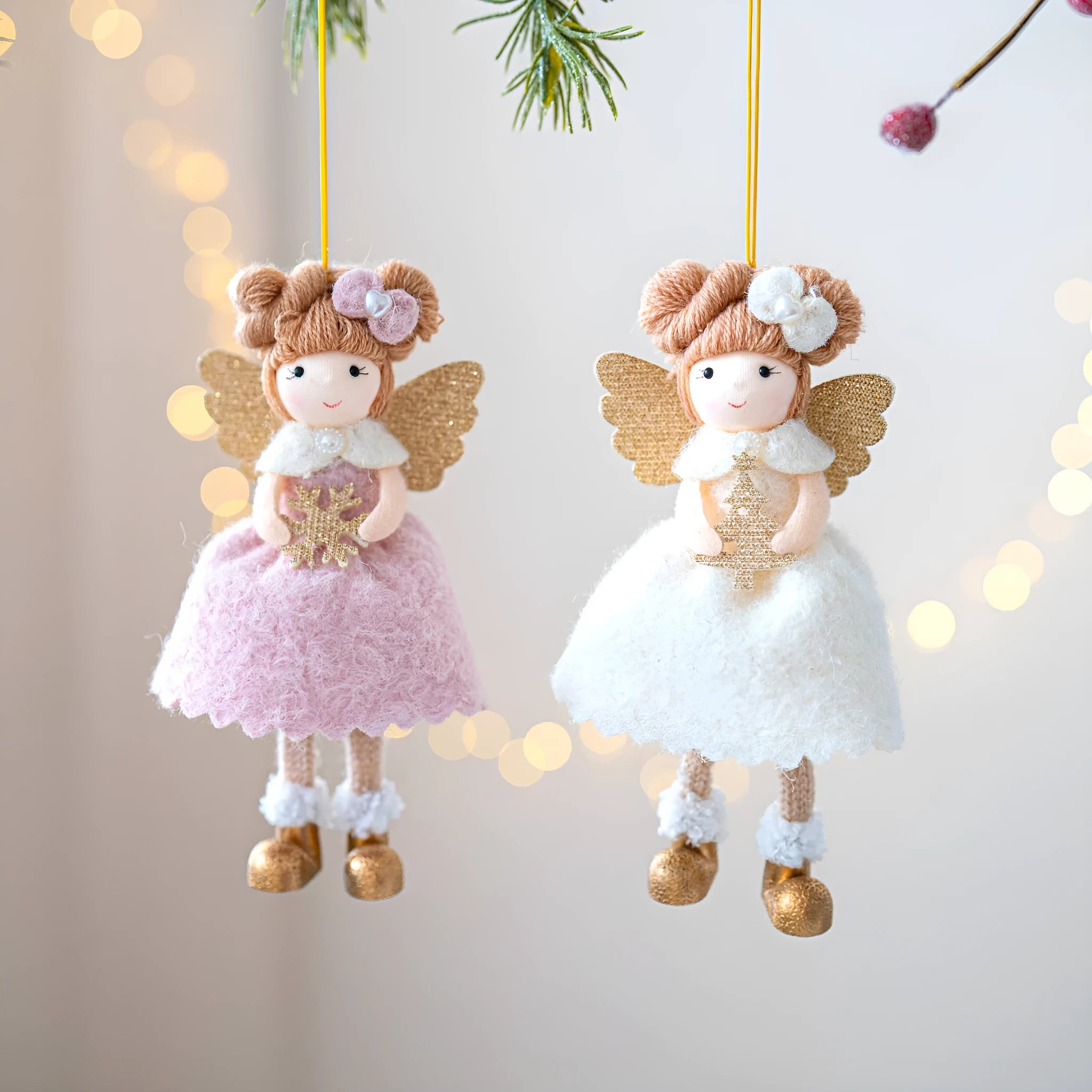 Christmas angel wings plush pendant ornament in pink or white colour on tree branch