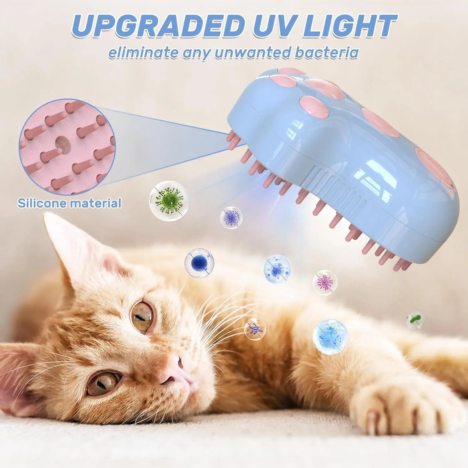 Rechargeable blue pet steam brush with silicone bristles and a water reservoir.