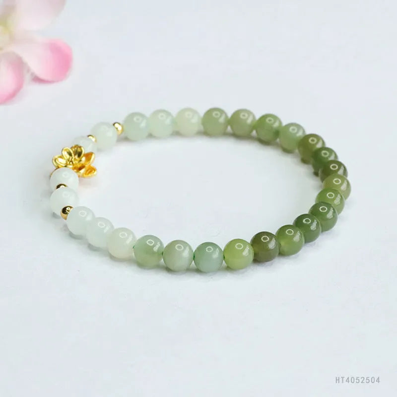 Hand-woven Hetian jade bracelet with sunshine water gradient colour and floral design