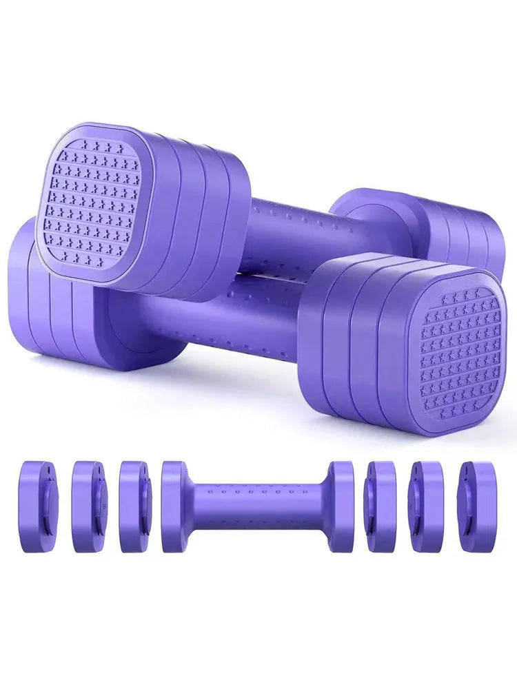 Pink and blue detachable dumbbell set for women's fitness on a plain background.
