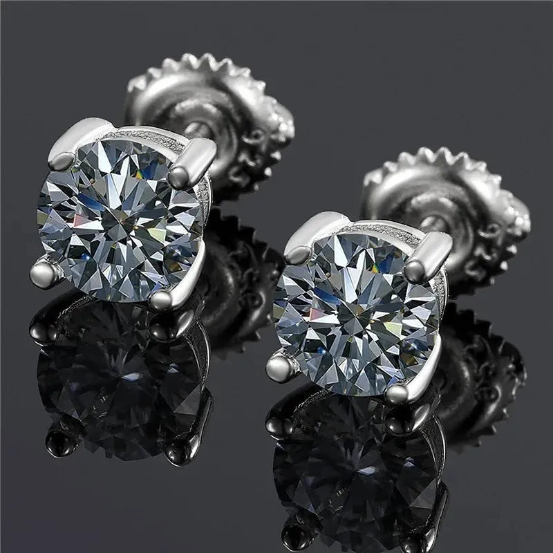 Silver moissanite stud earrings with four-claw geometric setting and 7mm width showing included certificate and tools