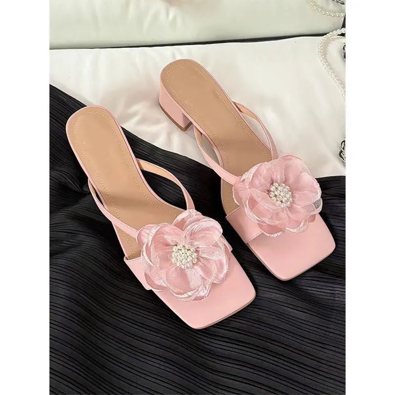 Women's fashion sandals with chunky heel, square toe, and satin upper in cream-white colour