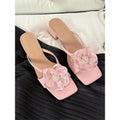 Women's fashion sandals with chunky heel, square toe, and satin upper in cream-white colour
