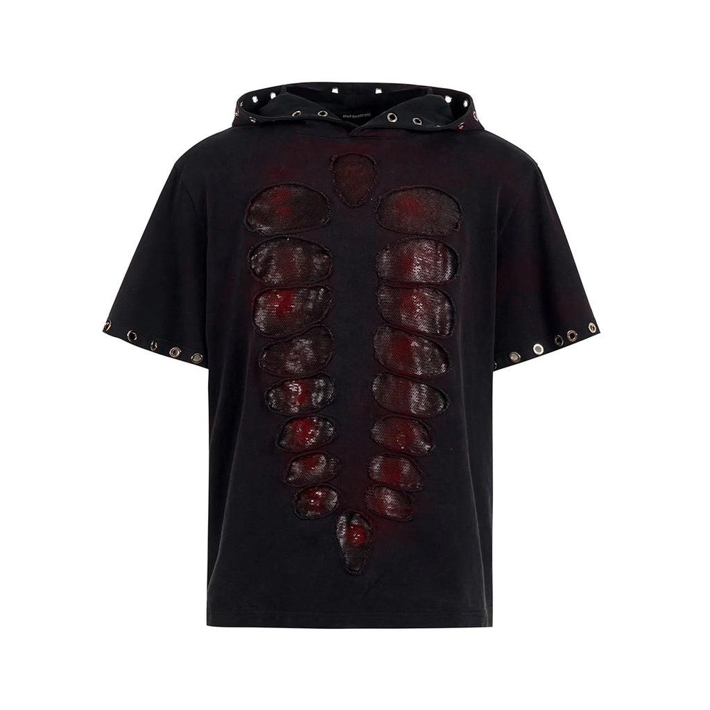 Black men's hooded short-sleeve t-shirt with sequin detail, loose fit