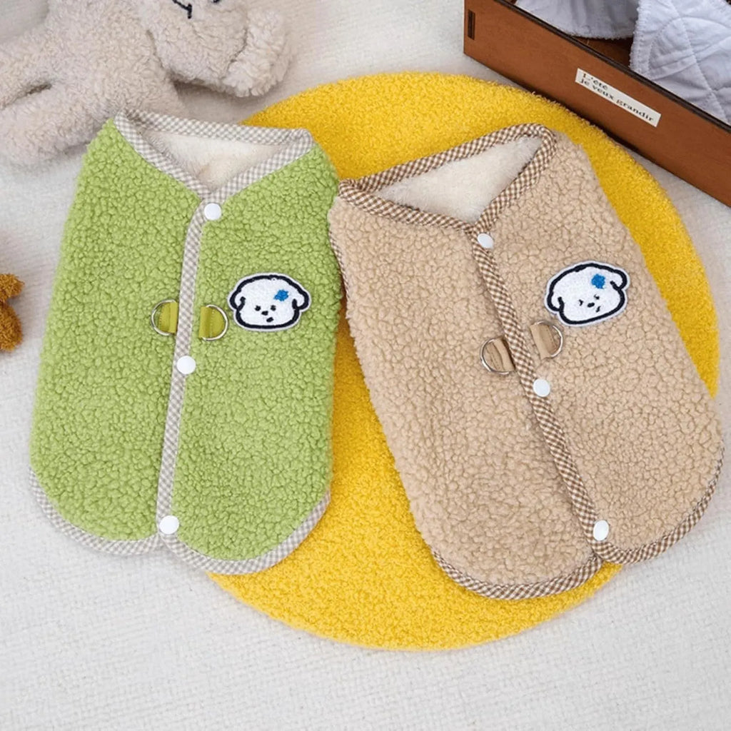 Green coral fleece dog sweatshirt vest with leash ring for small pets in autumn winter
