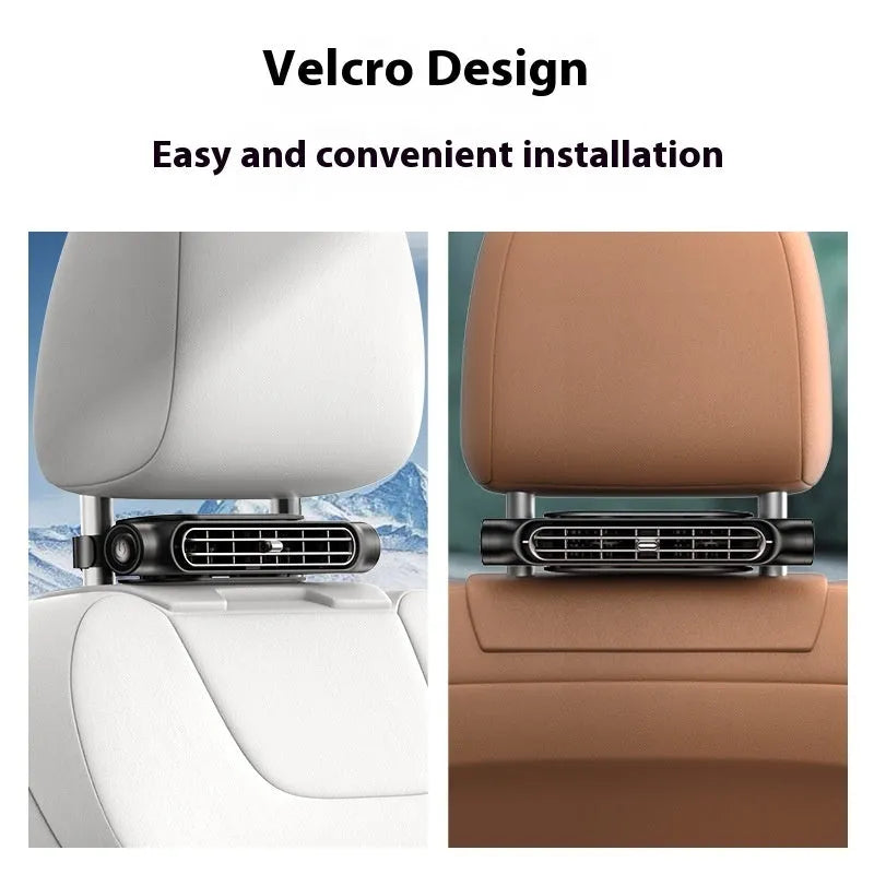 USB plug-in car seat fan with velcro strips and three-speed button in black, white, or beige.