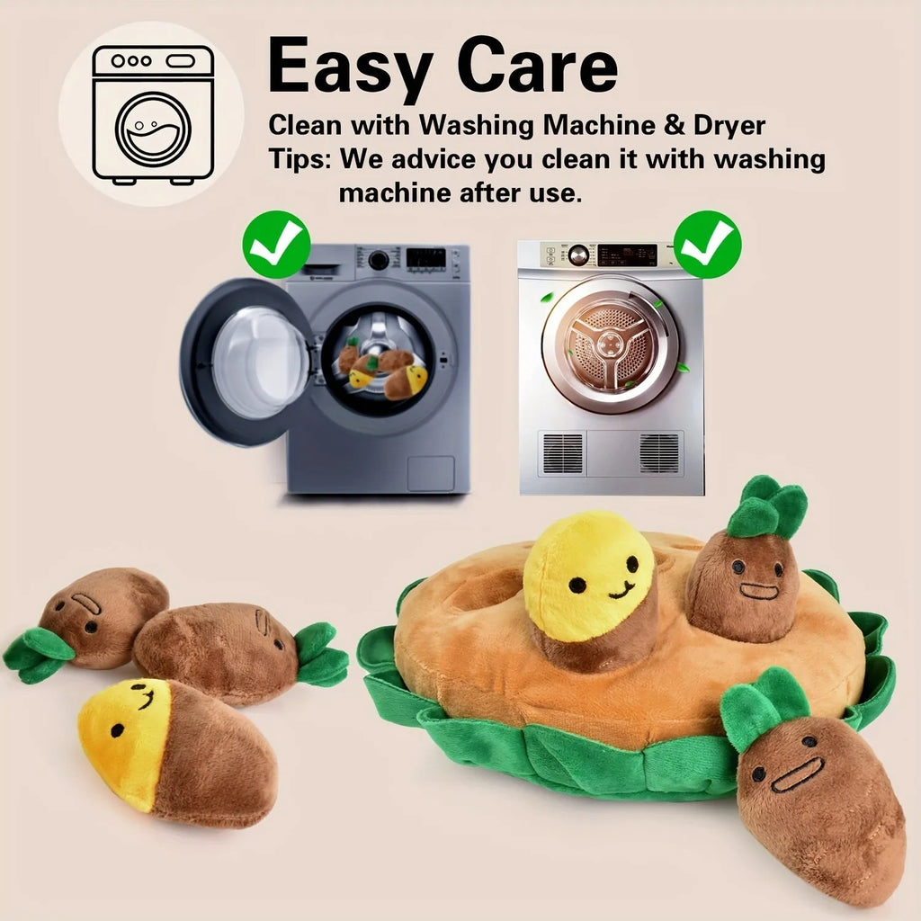 Yellow interactive dog puzzle toy with removable squeaky plush and sniffing pads for foraging training