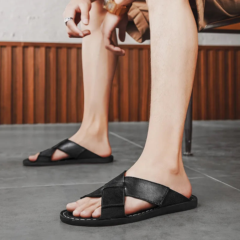 Men's black and brown genuine leather casual slip-on sandals with rubber sole