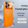 Black magnetic tempered glass iPhone case with frosted finish on a table.