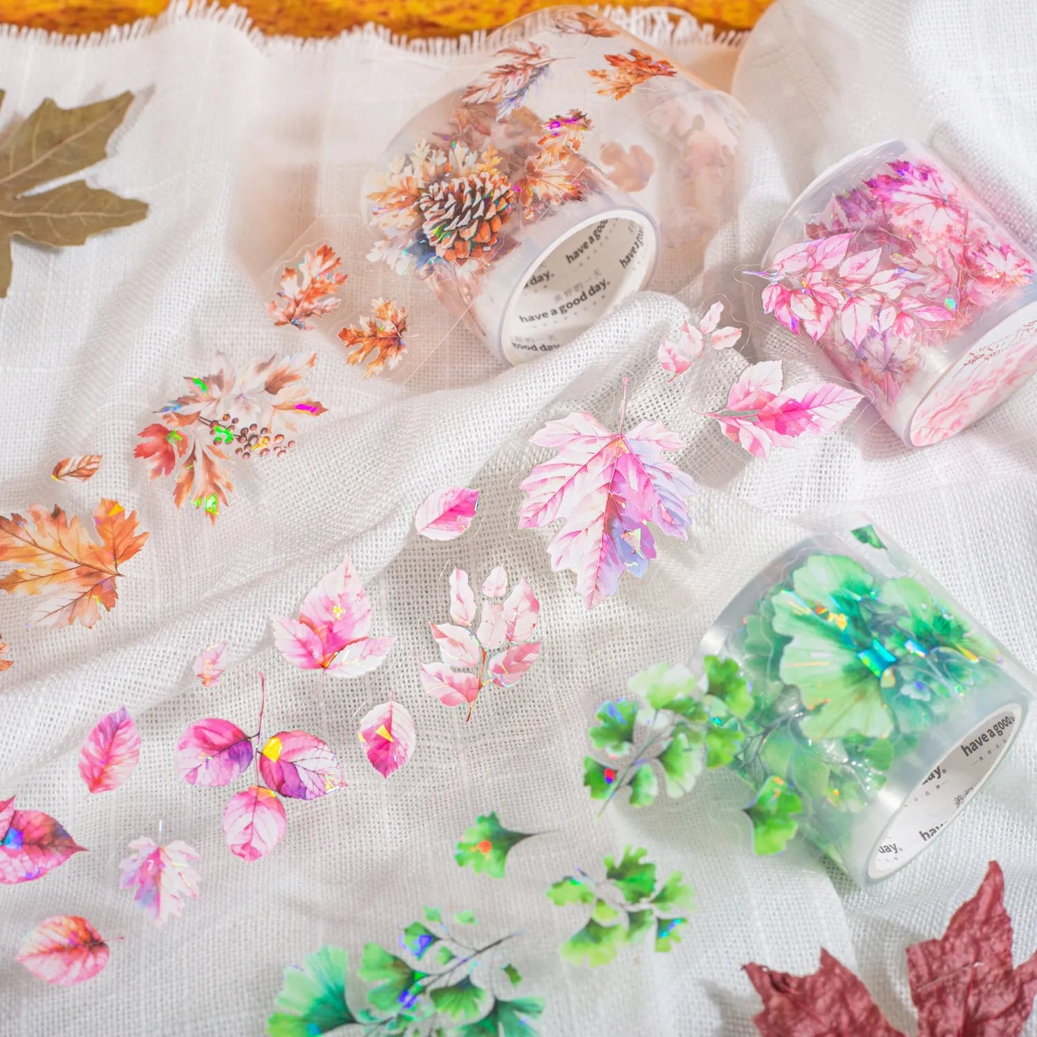 Six rolls of deciduous leaf pattern decorative stickers showing Gentle Ginkgo, Maple Leaf, and Blue Fallen Leaves designs