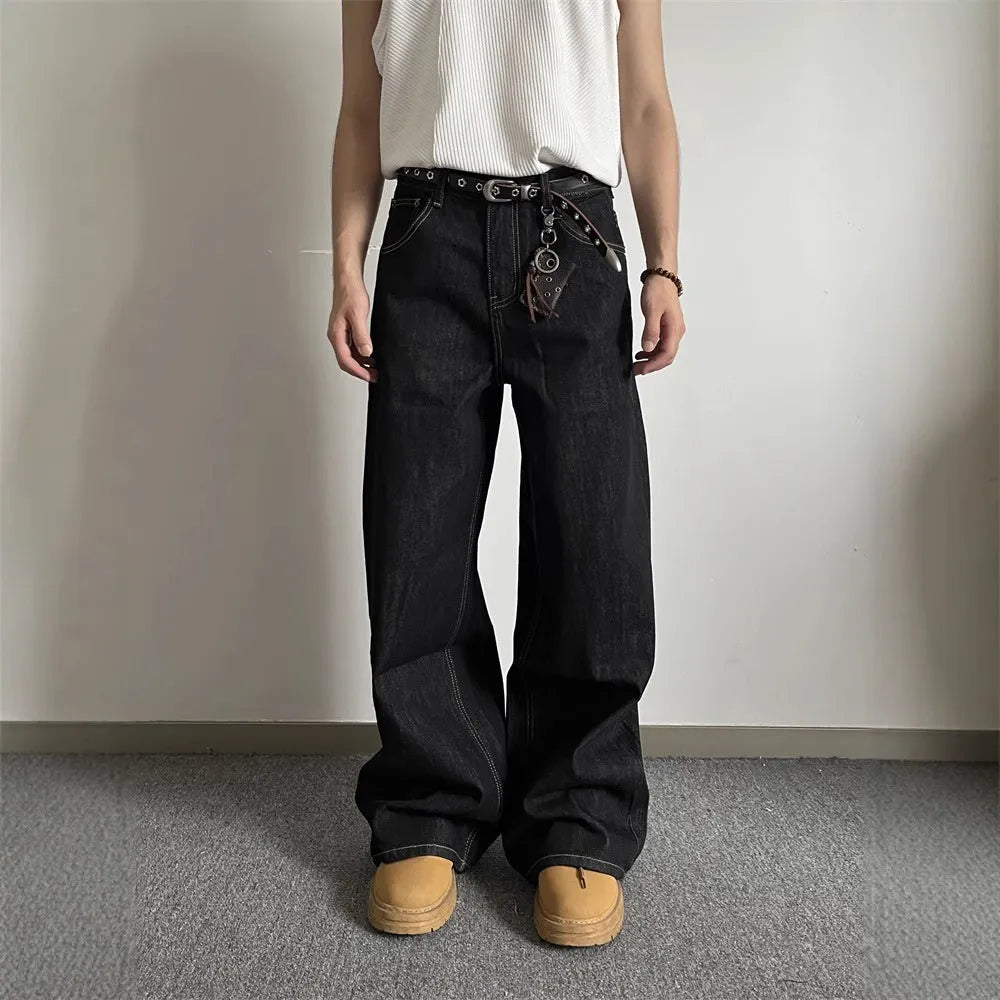 Black retro straight-leg jeans with loose wide-leg fit and mid-waist design