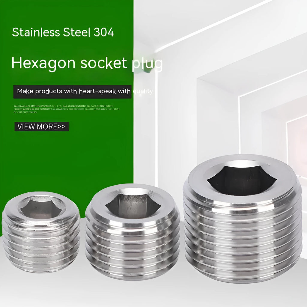 Stainless steel hexagon plug with 3/8 inch connection point for pipe bulkhead sealing
