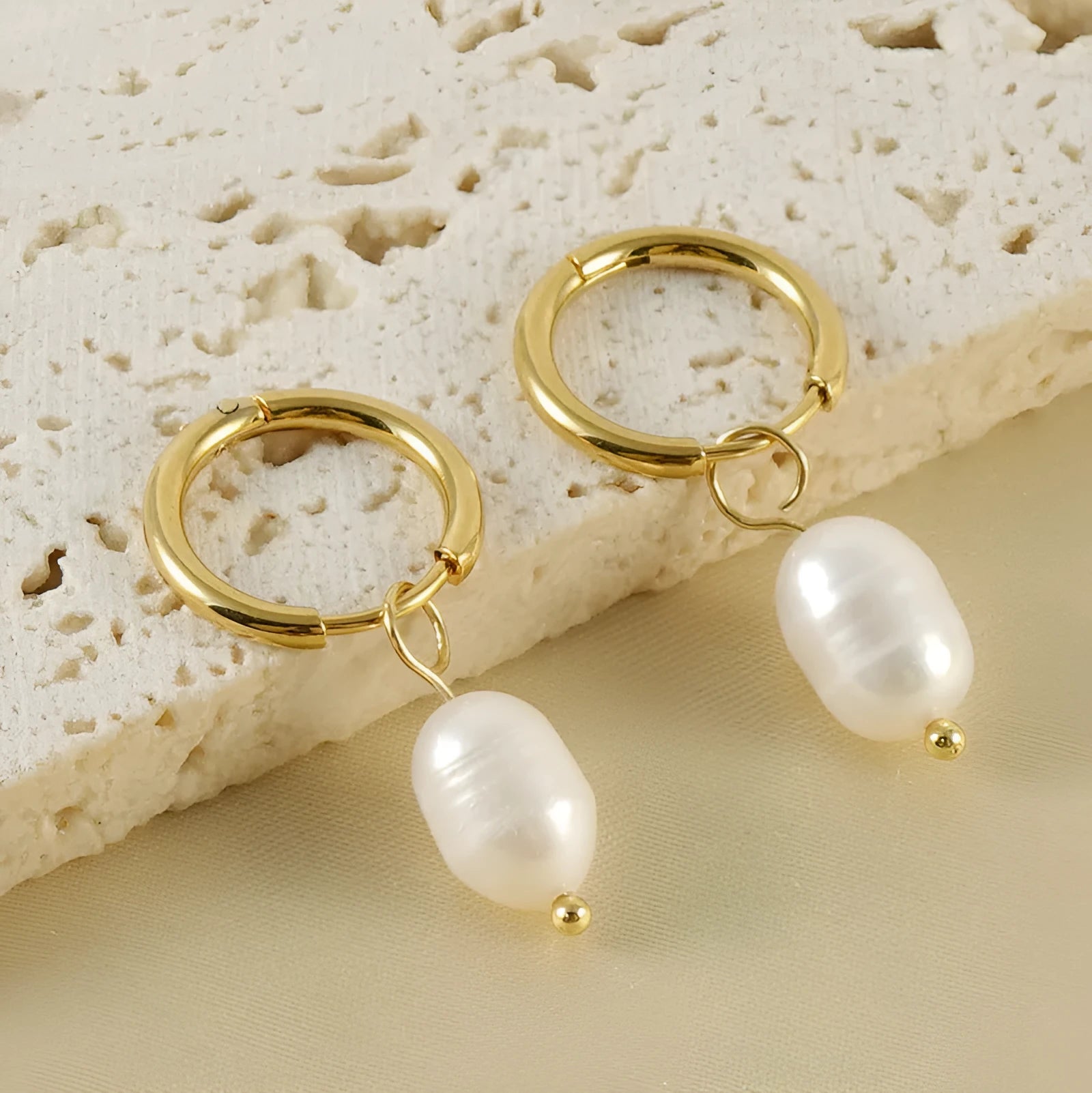 Gold geometric women's earrings with synthetic pearl centre and titanium steel electroplated finish