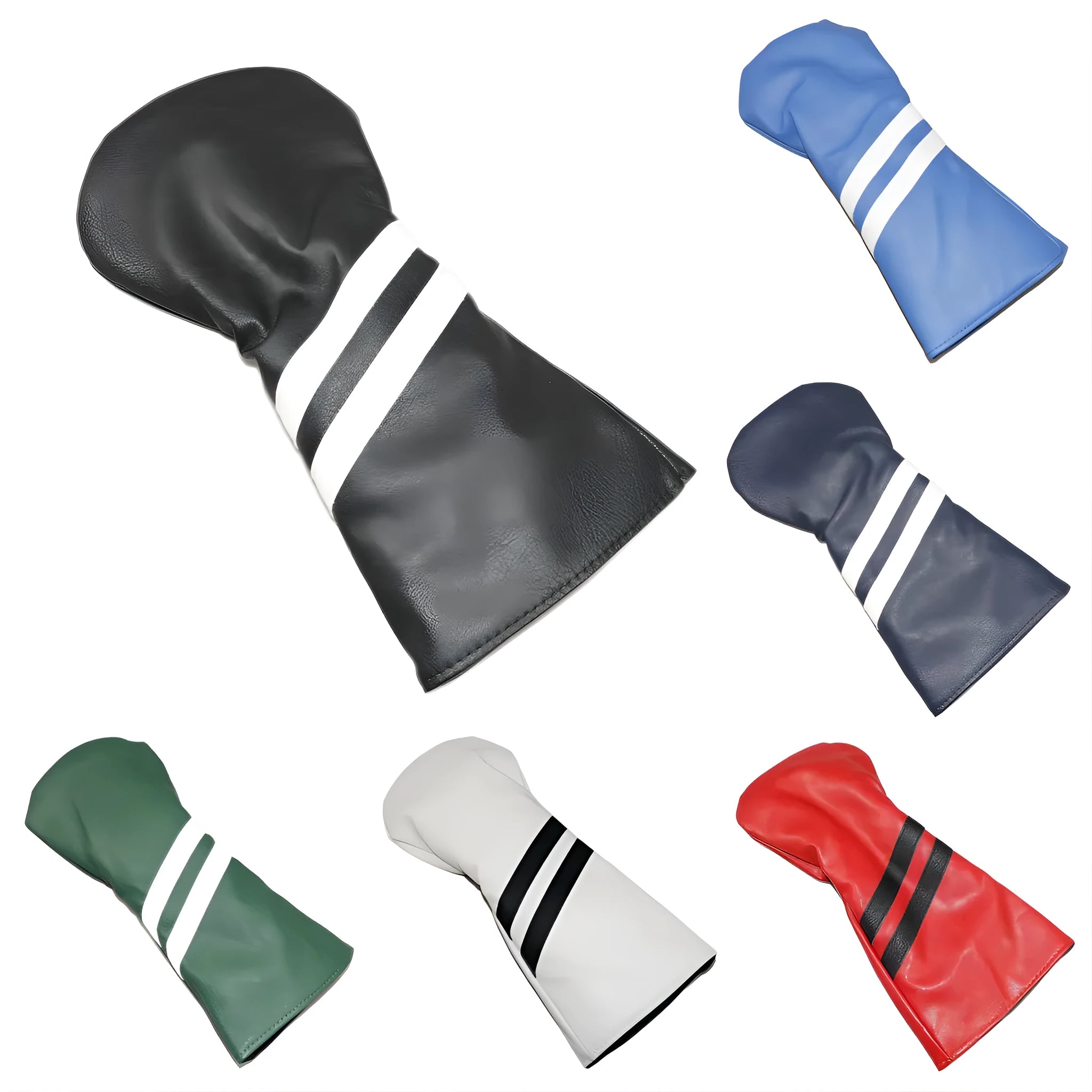 Two stripe golf club head cover sleeve for woods in blue, showing elastic PU material.