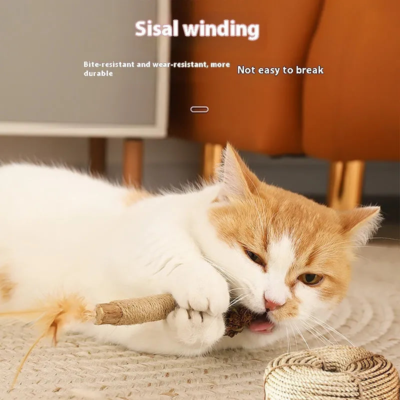 Wooden cat teeth grinding rod toy showing its 2.2cm thickness, with examples of the Lafite grass and chicken feather style variants.