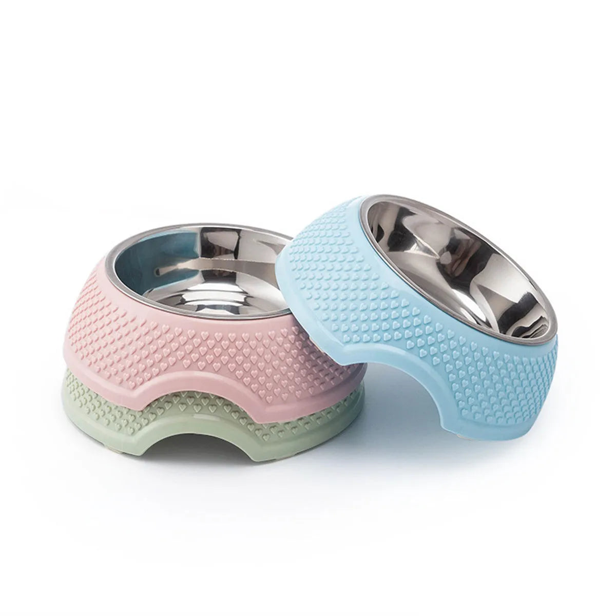 Blue stainless steel pet feeder with four bowls and a non-slip rubber base on a wooden floor.