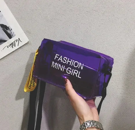 Transparent square jelly shoulder bag in hard PC material with adjustable strap and fresh sweet design