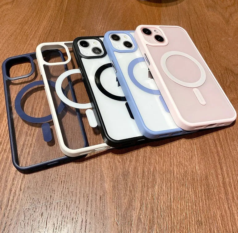 Transparent acrylic MagSafe phone case showing iPhone compatibility with magnetic attachment points