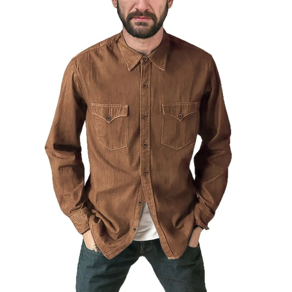 A cotton denim cardigan coat shown in khaki colour on a hanger.