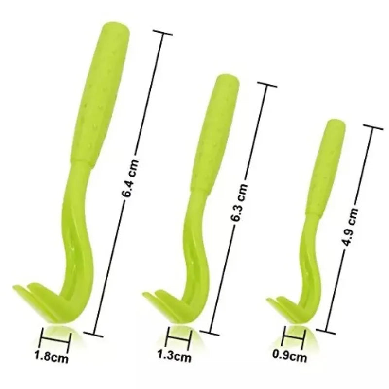 Three blue and green plastic tick removal clips with hook design for pets.