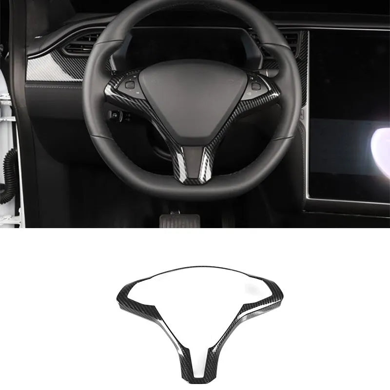 Tesla Model S steering wheel decorative frame with carbon fibre colour trim around buttons and controls