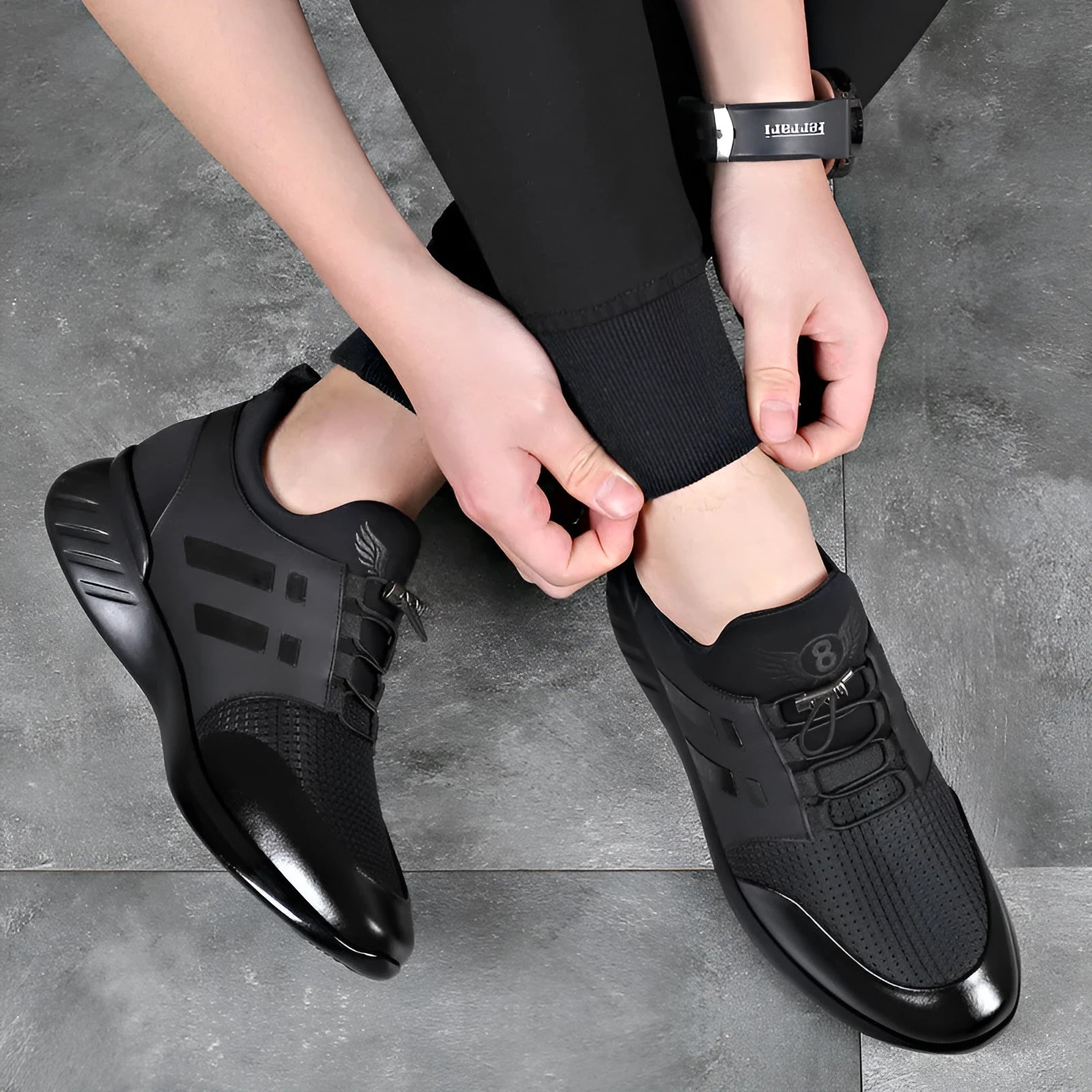 Men's black invisible height increasing casual trainers with chunky rubber sole