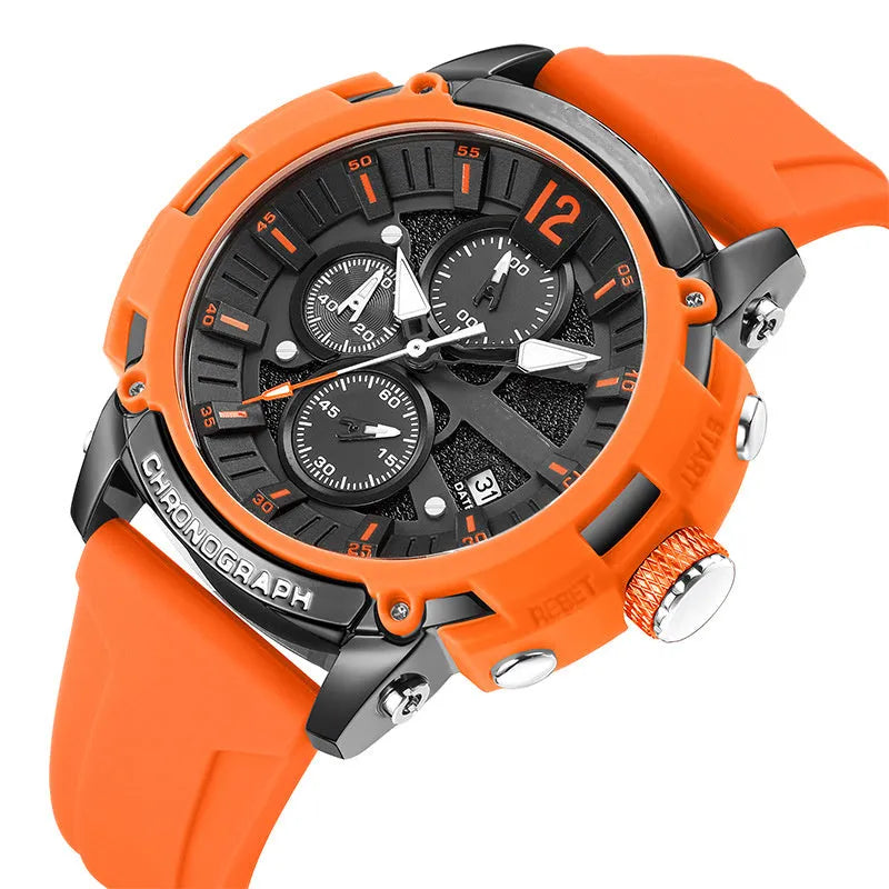 Men's black luminous waterproof quartz watch with calendar on 51mm stainless steel case