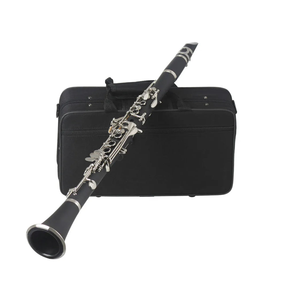Black Bakelite clarinet with 17 nickel-plated keys and carrying bag