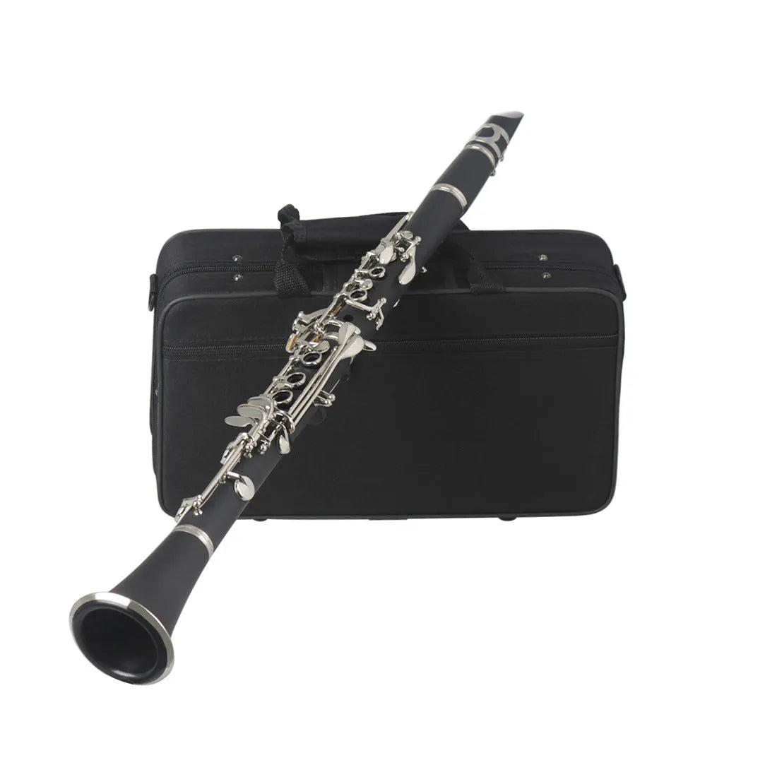 Black Bakelite clarinet with 17 nickel-plated keys and carrying bag